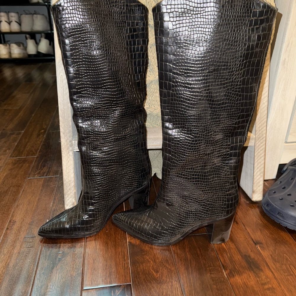 Black Crocodile Leather Knee Boots